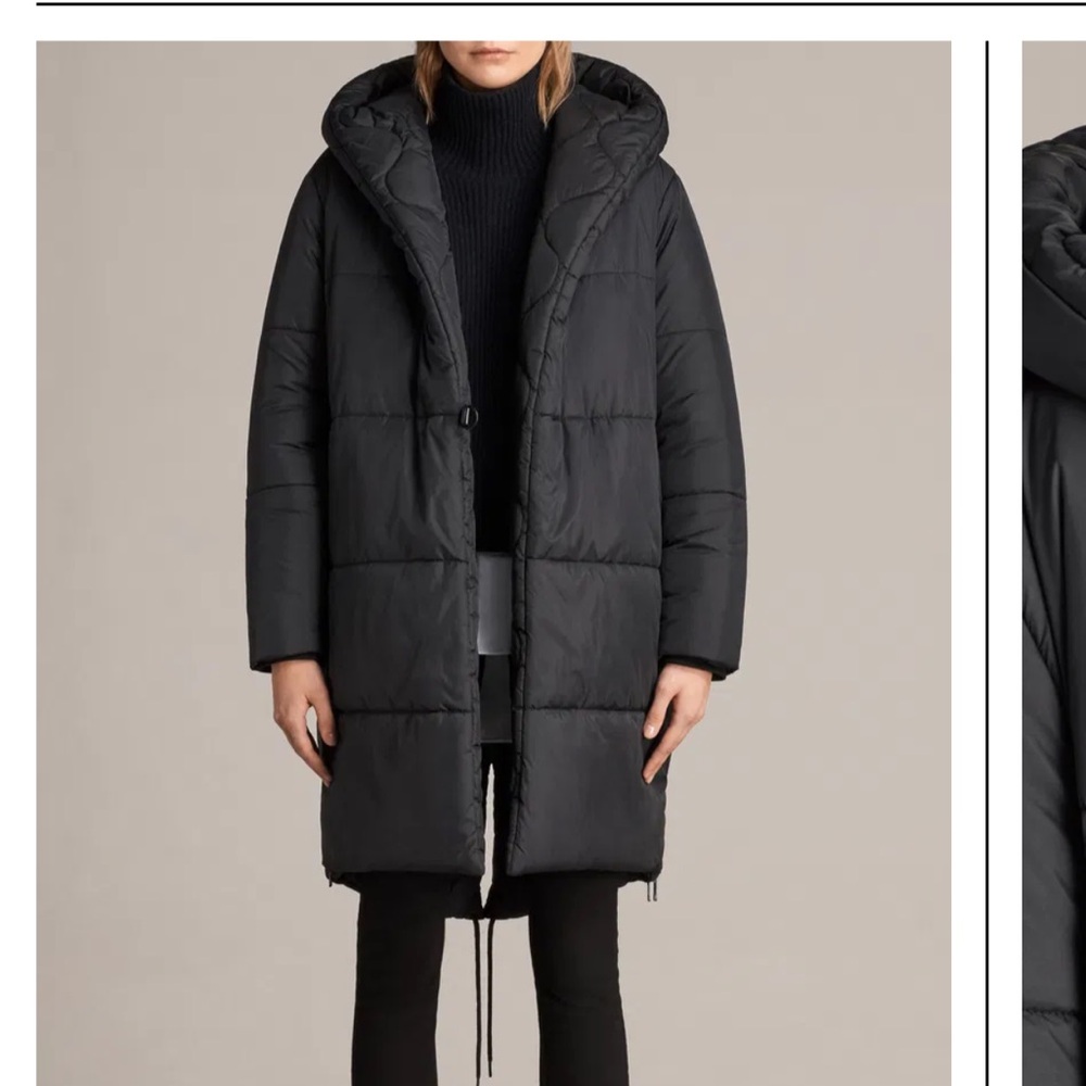 ALL SAINTS Sara reversible Black Quilted Hooded long puffer coat winter jacket